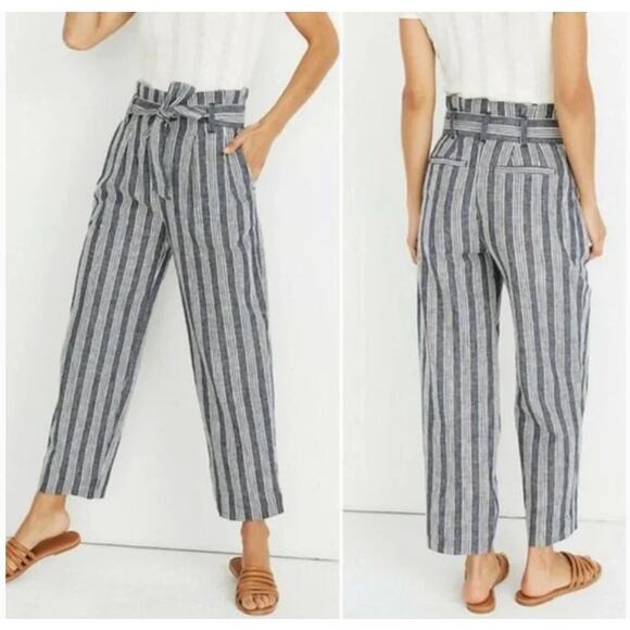 Madewell Paperbag Pants Womens 4 Blue Linen Cotton Stripe Belted Coastal Crop - Picture 2 of 10